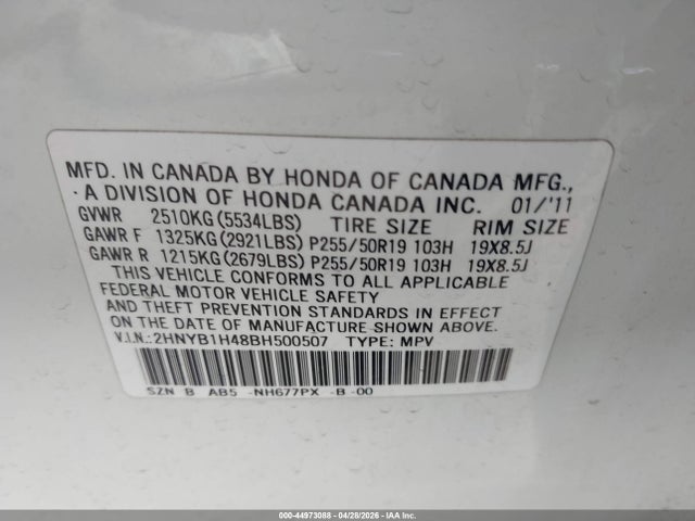 Aukcja sprzedaży 2011 Acura Zdx, vin: 2HNYB1H48BH500507, numer aukcji: 44973088