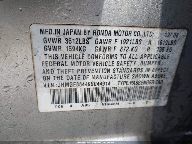 2009 Honda Fit Sport მანქანა იყიდება აუქციონზე, vin: JHMGE88449S044914, აუქციონის ნომერი: 44973091
