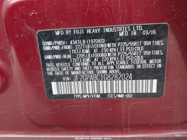 44973105 :رقم المزاد ، JF2GPABC1G8282024 vin ، 2016 Subaru Crosstrek 2.0i Premium مزاد بيع