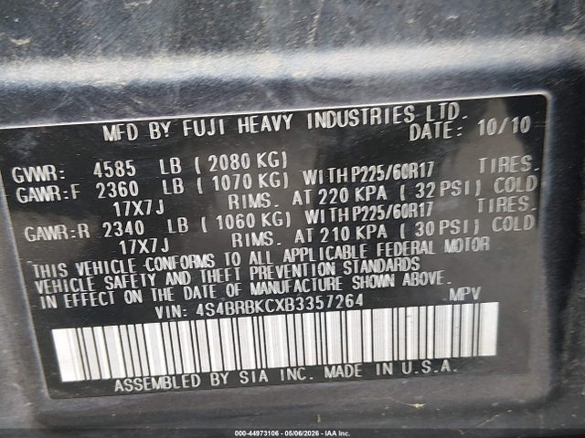 Продаж на аукціоні авто 2011 Subaru Outback 2.5i Limited, vin: 4S4BRBKCXB3357264, номер лоту: 44973106