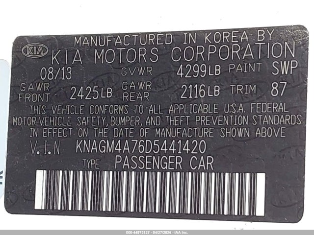 Продаж на аукціоні авто 2013 Kia Optima Lx, vin: KNAGM4A76D5441420, номер лоту: 44973127