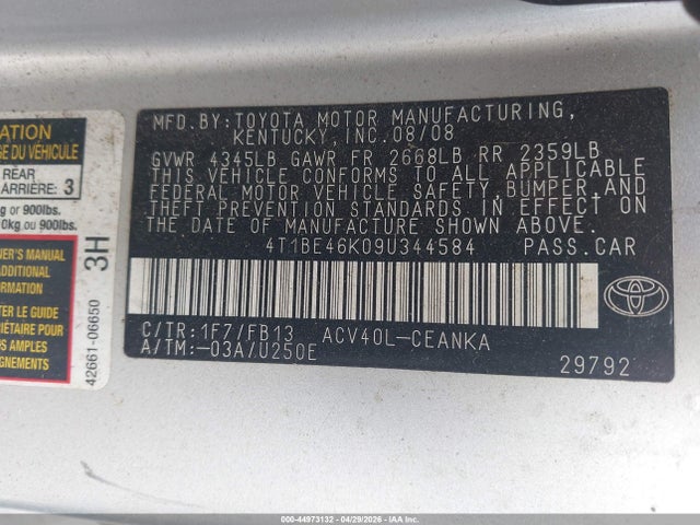 2009 Toyota Camry Le მანქანა იყიდება აუქციონზე, vin: 4T1BE46K09U344584, აუქციონის ნომერი: 44973132