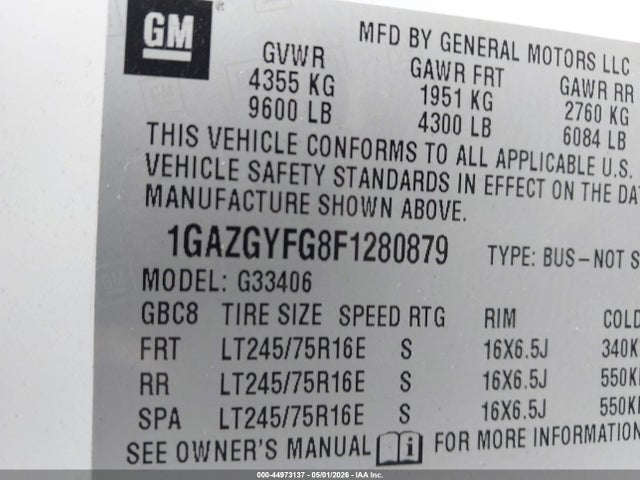 2015 Chevrolet Express 3500 Lt მანქანა იყიდება აუქციონზე, vin: 1GAZGYFG8F1280879, აუქციონის ნომერი: 44973137