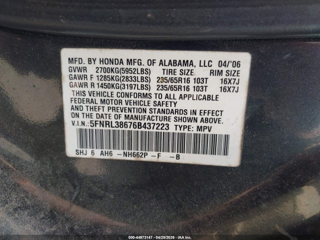 44973147 :رقم المزاد ، 5FNRL38676B437223 vin ، 2006 Honda Odyssey Ex-l مزاد بيع