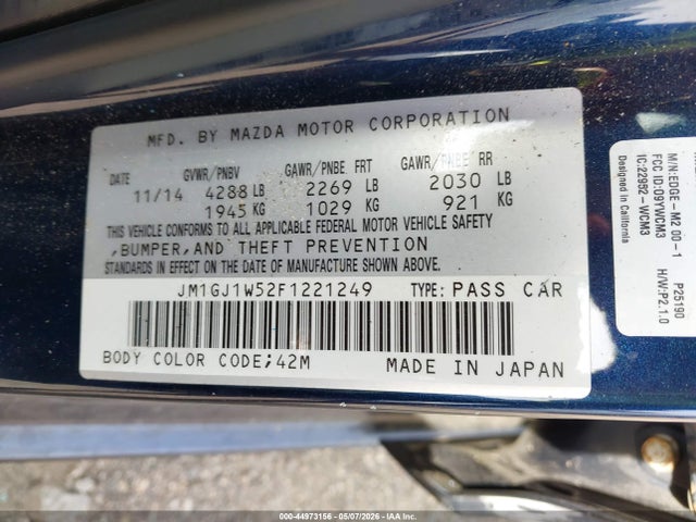 Aukcja sprzedaży 2015 Mazda Mazda6 I Grand Touring, vin: JM1GJ1W52F1221249, numer aukcji: 44973156