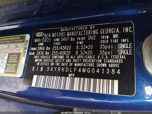 2021 Kia Sorento Sx მანქანა იყიდება აუქციონზე, vin: 5XYRKDLF4MG041384, აუქციონის ნომერი: 44973157