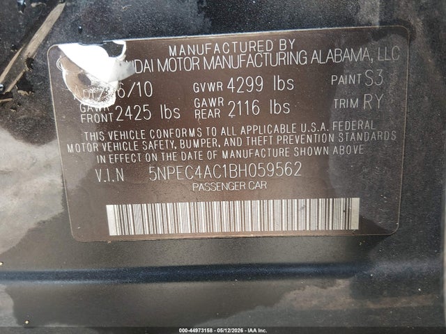 2011 Hyundai Sonata Se მანქანა იყიდება აუქციონზე, vin: 5NPEC4AC1BH059562, აუქციონის ნომერი: 44973158