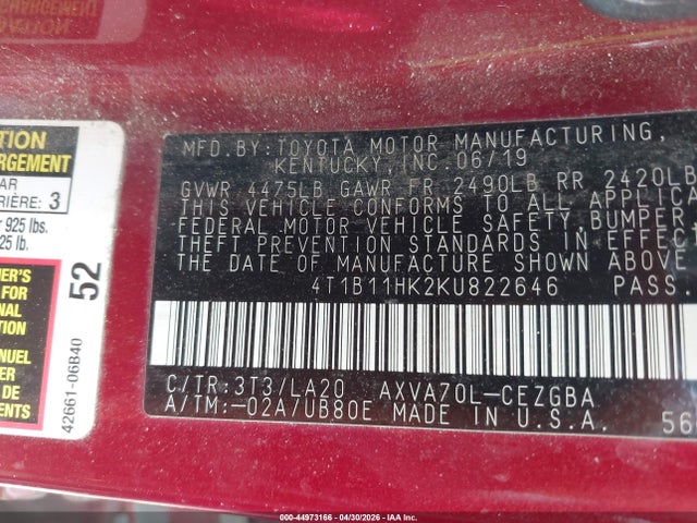 Toyota CAMRY XLE 2019 4T1B11HK2KU822646 Image 9