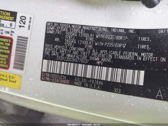 Продажа на аукционе авто 2017 Toyota Sienna Xle 8 Passenger, vin: 5TDYZ3DC0HS776037, номер лота: 44973177
