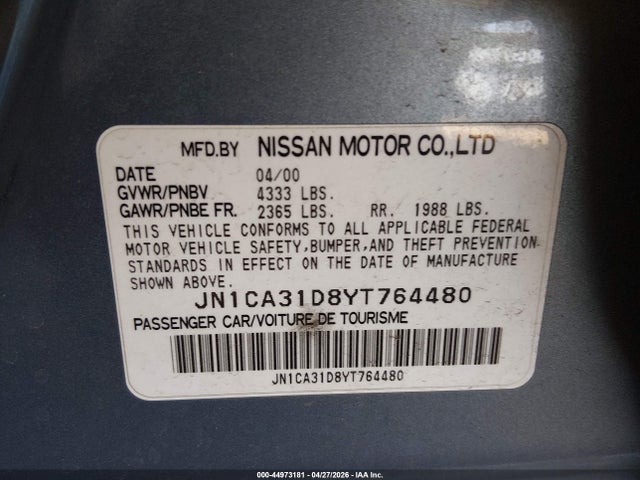Продаж на аукціоні авто 2000 Nissan Maxima Gle/gxe/se, vin: JN1CA31D8YT764480, номер лоту: 44973181
