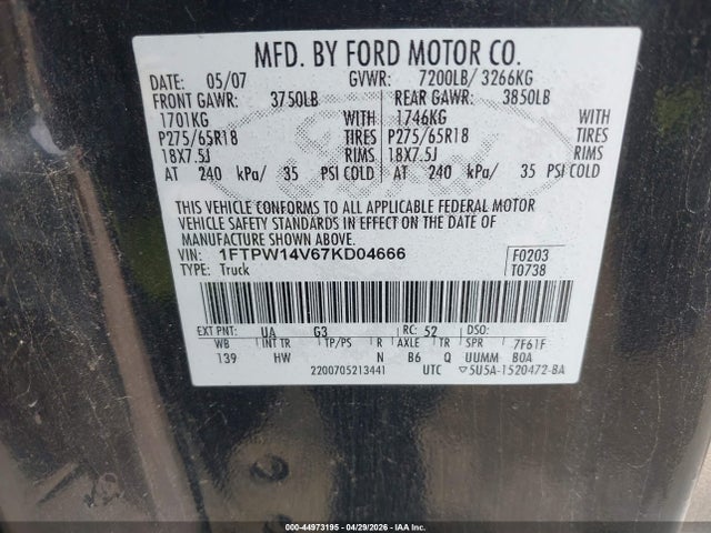 Продаж на аукціоні авто 2007 Ford F-150 Fx4/lariat/xlt, vin: 1FTPW14V67KD04666, номер лоту: 44973195