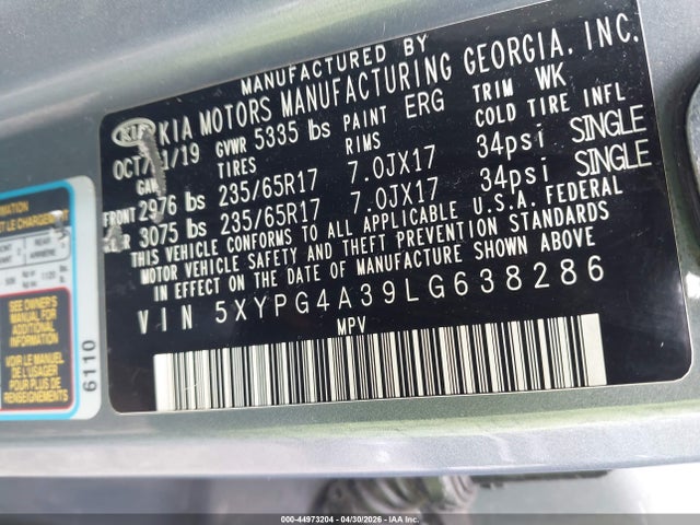 Aukcja sprzedaży 2020 Kia Sorento 2.4l L, vin: 5XYPG4A39LG638286, numer aukcji: 44973204