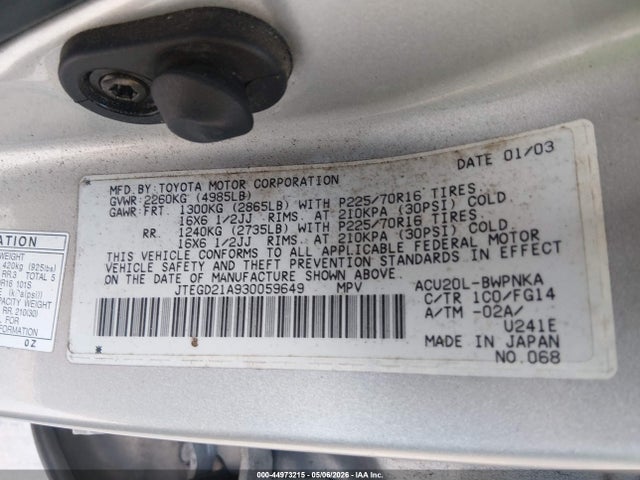 44973215 :رقم المزاد ، JTEGD21A930059649 vin ، 2003 Toyota Highlander مزاد بيع