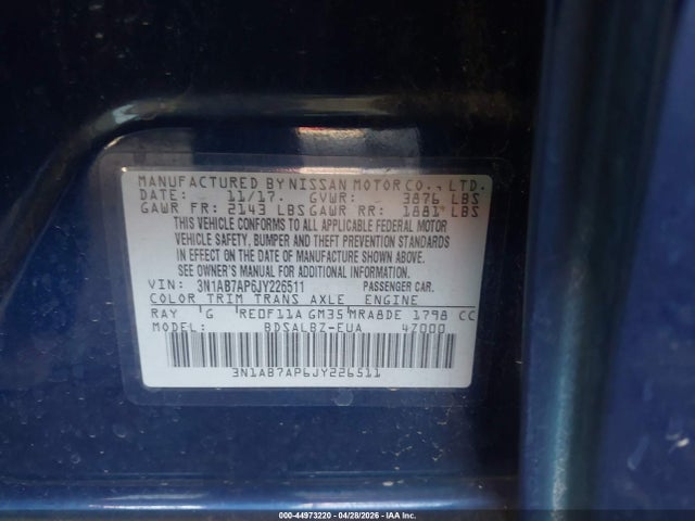 3N1AB7AP6JY226511 Nissan SENTRA S