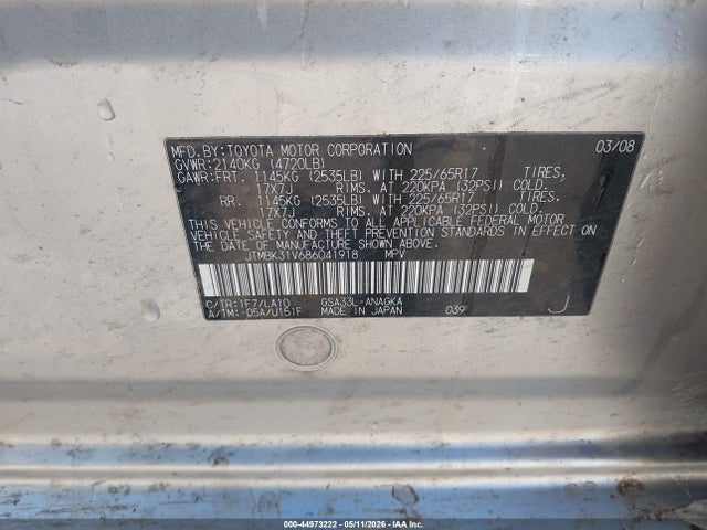 44973222 :رقم المزاد ، JTMBK31V686041918 vin ، 2008 Toyota Rav4 Limited V6 مزاد بيع