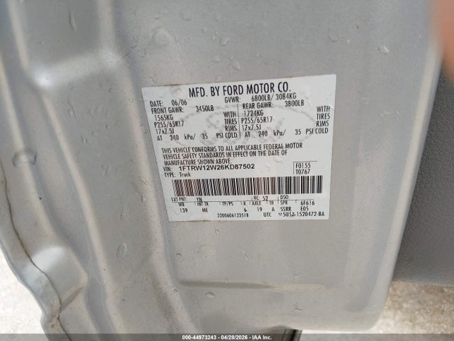 Aukcja sprzedaży 2006 Ford F-150 Xlt, vin: 1FTRW12W26KD87502, numer aukcji: 44973243
