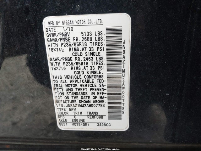 44973245 :رقم المزاد ، JN8AZ1MU2AW007788 vin ، 2010 Nissan Murano Sl مزاد بيع