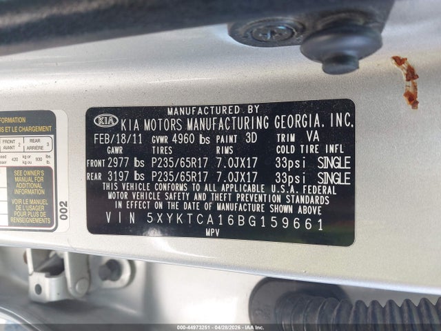 Продажа на аукционе авто 2011 Kia Sorento Lx, vin: 5XYKTCA16BG159661, номер лота: 44973251
