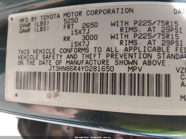 Aukcja sprzedaży 2000 Toyota 4runner Sr5 V6, vin: JT3HN86R4Y0281650, numer aukcji: 44973252