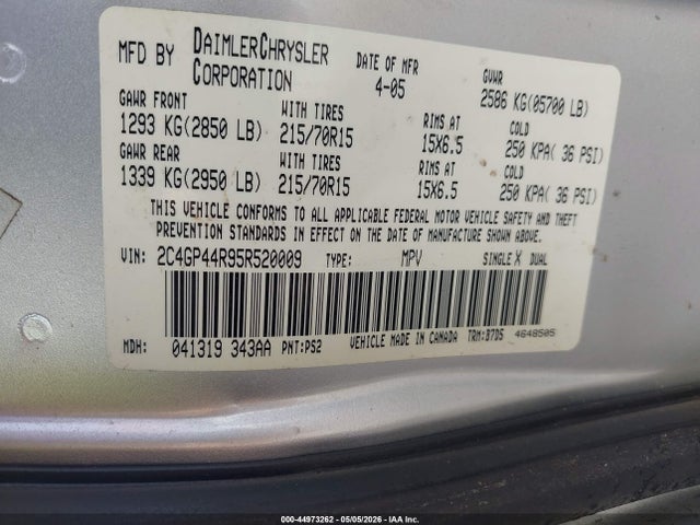 Продажа на аукционе авто 2005 Chrysler Town & Country Lx, vin: 2C4GP44R95R520009, номер лота: 44973262