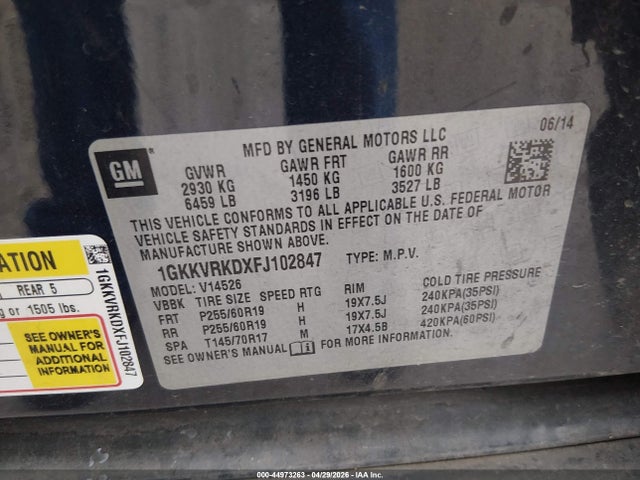 1GKKVRKDXFJ102847 GMC Acadia Slt-1