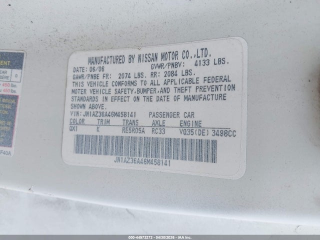 2006 Nissan 350z Touring მანქანა იყიდება აუქციონზე, vin: JN1AZ36A46M458141, აუქციონის ნომერი: 44973272