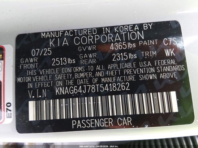 Продажа на аукционе авто 2026 Kia K5 Gt-line Fwd, vin: KNAG64J78T5418262, номер лота: 44973274