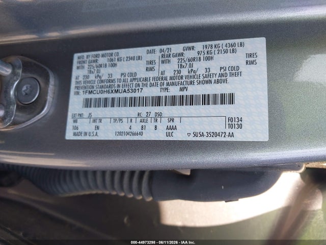 Продаж на аукціоні авто 2021 Ford Escape Sel, vin: 1FMCU0H6XMUA53017, номер лоту: 44973298