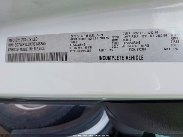 Продажа на аукционе авто 2024 Ram Promaster 3500 Cutaway Low Roof, vin: 3C7WRVLGXRE146855, номер лота: 44973314