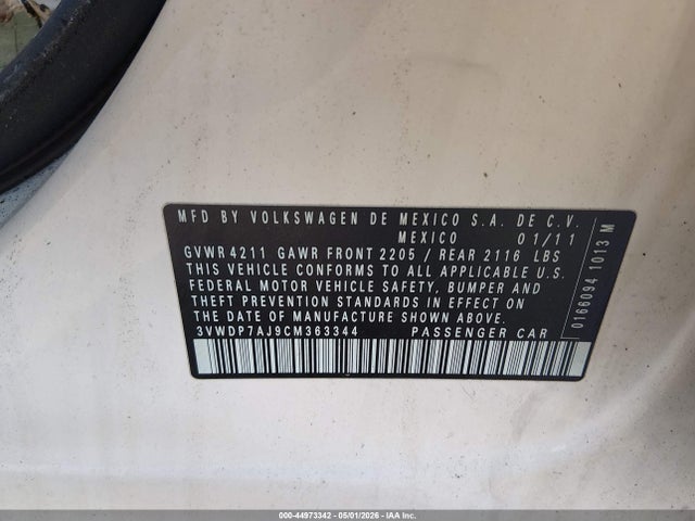 Aukcja sprzedaży 2012 Volkswagen Jetta 2.5l Se, vin: 3VWDP7AJ9CM363344, numer aukcji: 44973342