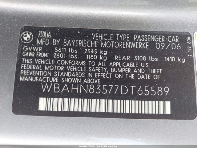 Aukcja sprzedaży 2007 Bmw 750li, vin: WBAHN83577DT65589, numer aukcji: 44973353