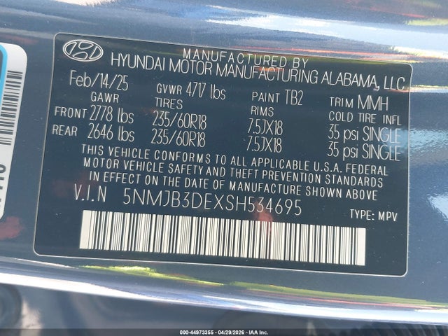 Aukcja sprzedaży 2025 Hyundai Tucson Sel, vin: 5NMJB3DEXSH534695, numer aukcji: 44973355