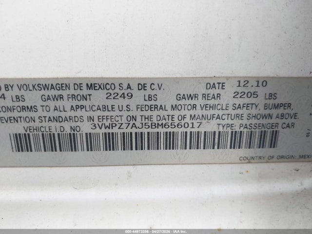 44973356 :رقم المزاد ، 3VWPZ7AJ5BM656017 vin ، 2011 Volkswagen Jetta Sportwagen 2.5l Se مزاد بيع