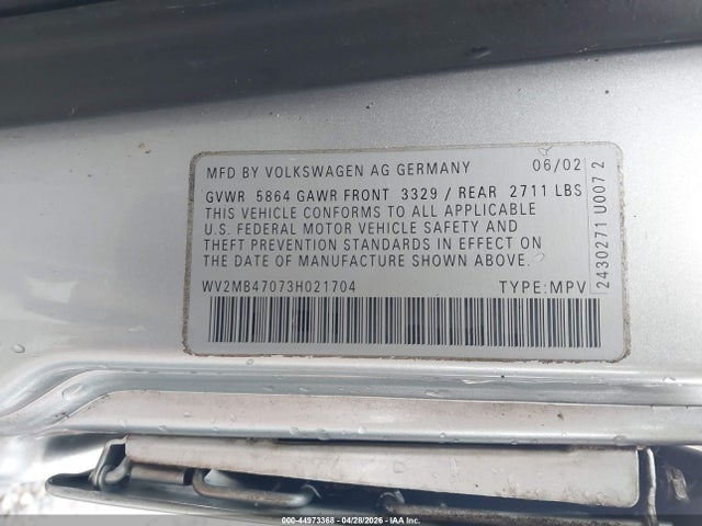 44973368 :رقم المزاد ، WV2MB47073H021704 vin ، 2003 Volkswagen Eurovan Mv مزاد بيع