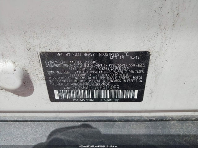 2012 Subaru Forester 2.5x Premium მანქანა იყიდება აუქციონზე, vin: JF2SHADC7CH415089, აუქციონის ნომერი: 44973377