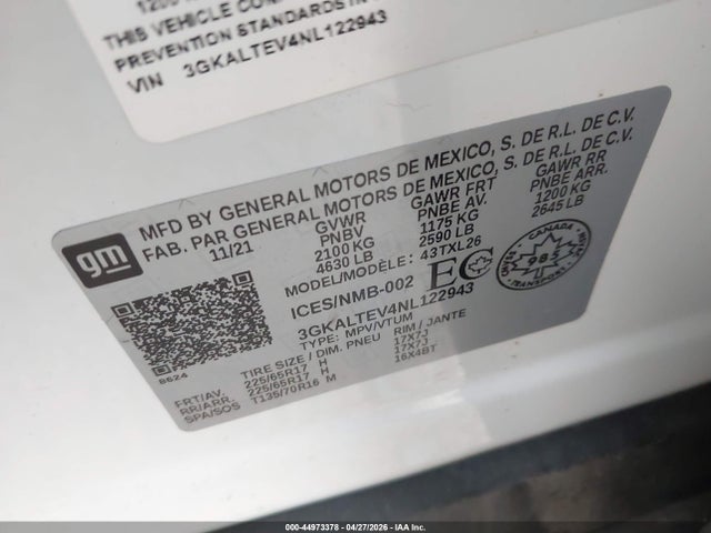 Aukcja sprzedaży 2022 Gmc Terrain Sle, vin: 3GKALTEV4NL122943, numer aukcji: 44973378