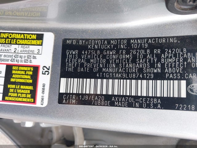 Aukcja sprzedaży 2020 Toyota Camry Se, vin: 4T1G11AK9LU874129, numer aukcji: 44973387