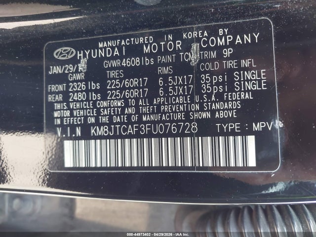 Aukcja sprzedaży 2015 Hyundai Tucson Gls, vin: KM8JTCAF3FU076728, numer aukcji: 44973402