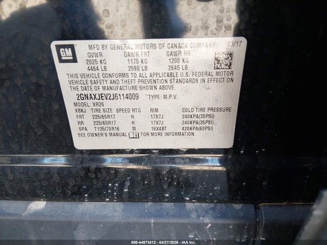 2018 Chevrolet Equinox Lt მანქანა იყიდება აუქციონზე, vin: 2GNAXJEV2J6114009, აუქციონის ნომერი: 44973412