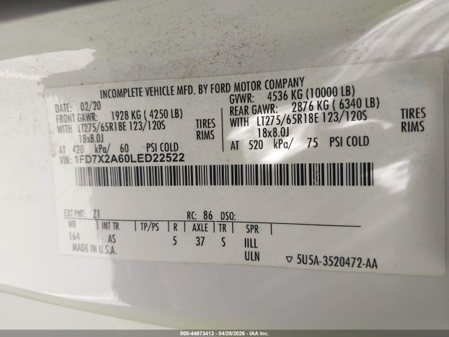 44973413 :رقم المزاد ، 1FD7X2A60LED22522 vin ، 2020 Ford F-250 Xl مزاد بيع