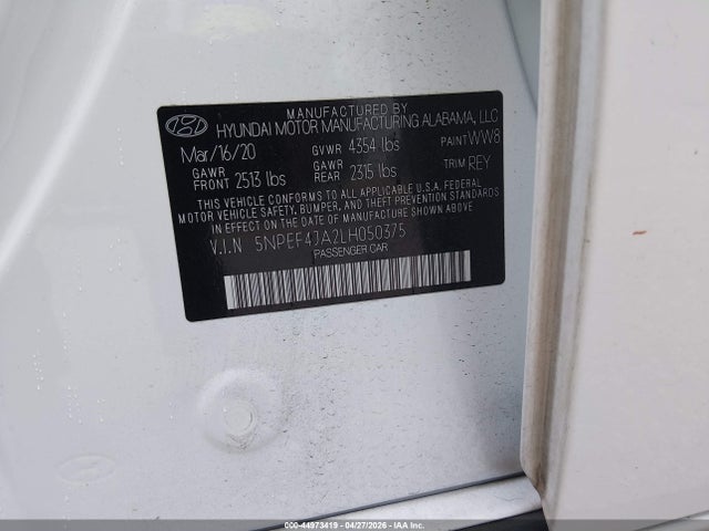 Aukcja sprzedaży 2020 Hyundai Sonata Sel, vin: 5NPEF4JA2LH050375, numer aukcji: 44973419