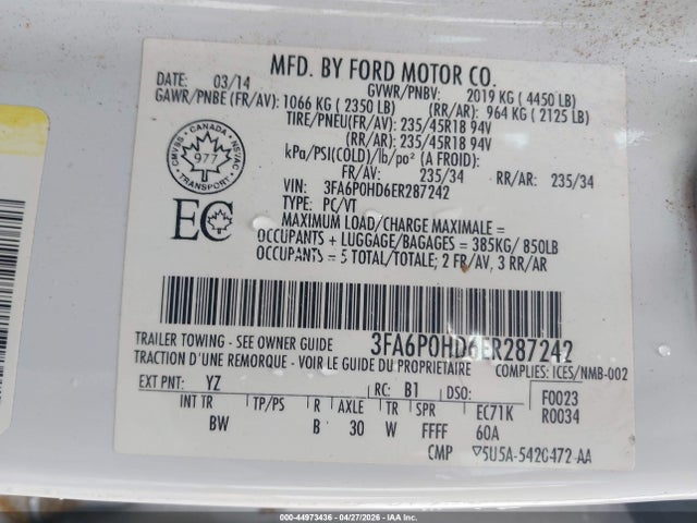 Продаж на аукціоні авто 2014 Ford Fusion Se, vin: 3FA6P0HD6ER287242, номер лоту: 44973436