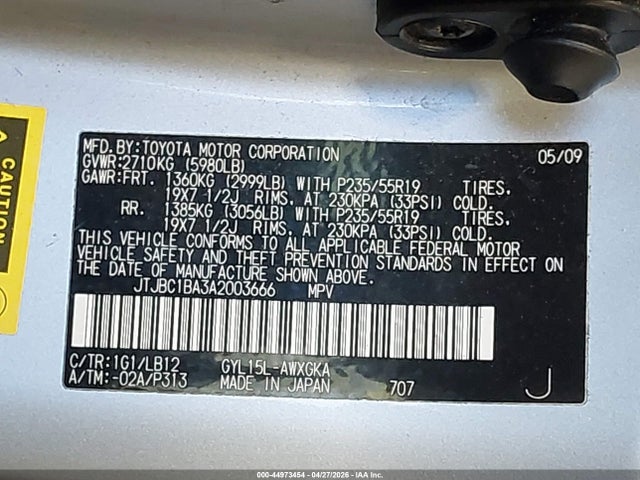 44973454 :رقم المزاد ، JTJBC1BA3A2003666 vin ، 2010 Lexus Rx 450h مزاد بيع