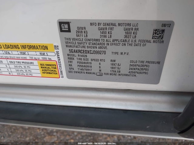 Aukcja sprzedaży 2012 Buick Enclave Leather, vin: 5GAKRCEDXCJ399270, numer aukcji: 44973455