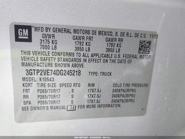 Aukcja sprzedaży 2013 Gmc Sierra 1500 Sle, vin: 3GTP2VE74DG245218, numer aukcji: 44973461