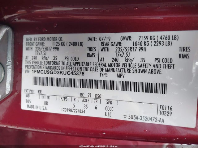 Ford ESCAPE SE 2019 1FMCU9GD3KUC45378 Image 9