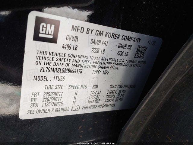 44973475 :رقم المزاد ، KL79MRSL5MB094178 vin ، 2021 Chevrolet Trailblazer Awd Lt مزاد بيع