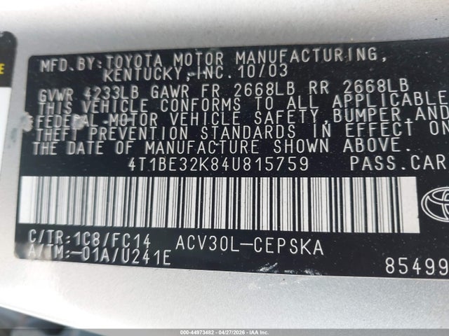 Aukcja sprzedaży 2004 Toyota Camry Se, vin: 4T1BE32K84U815759, numer aukcji: 44973482