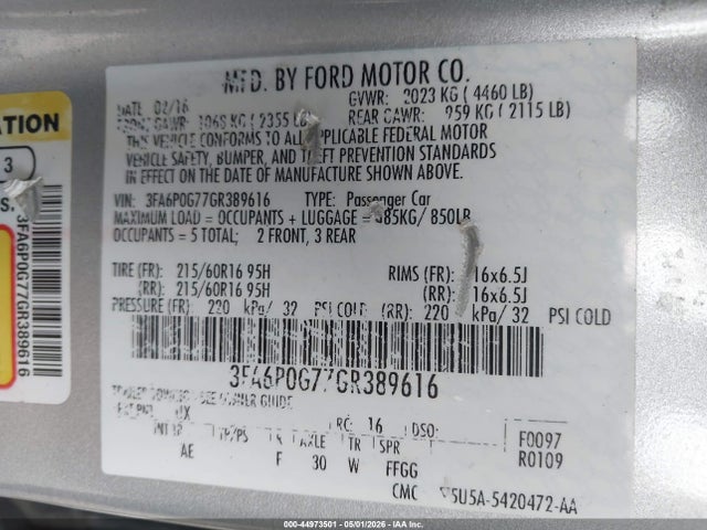 44973501 :رقم المزاد ، 3FA6P0G77GR389616 vin ، 2016 Ford Fusion S مزاد بيع