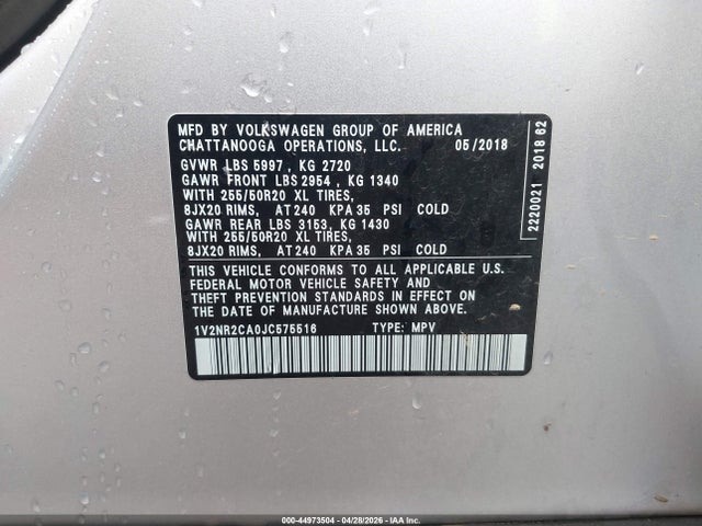 Продажа на аукционе авто 2018 Volkswagen Atlas 3.6l V6 Sel Premium, vin: 1V2NR2CA0JC575516, номер лота: 44973504
